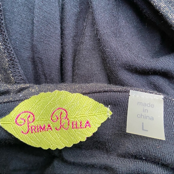 Prima Bella long sleeve Large Shimmer Wrap Top NWT black and Gold Slinky stretch - Picture 5 of 7